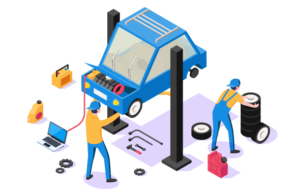 3d isometric man with repair equipment on car service.