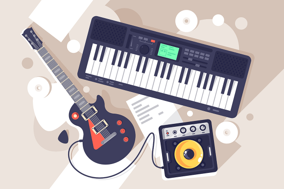 Flat music equipment with electrric guitar, synthesizer.