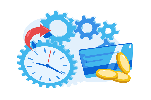 Time is money vector illustration. Financial performance. Value of time. Clock, credit card and golden coins flat style concept. Isolated on white background