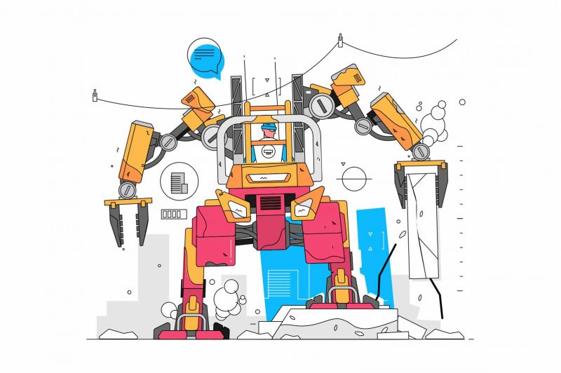 Modern robot loader vector illustration. Human control robot ruining building flat style. Block of cement. Modern technology and construction concept. Isolated on white background