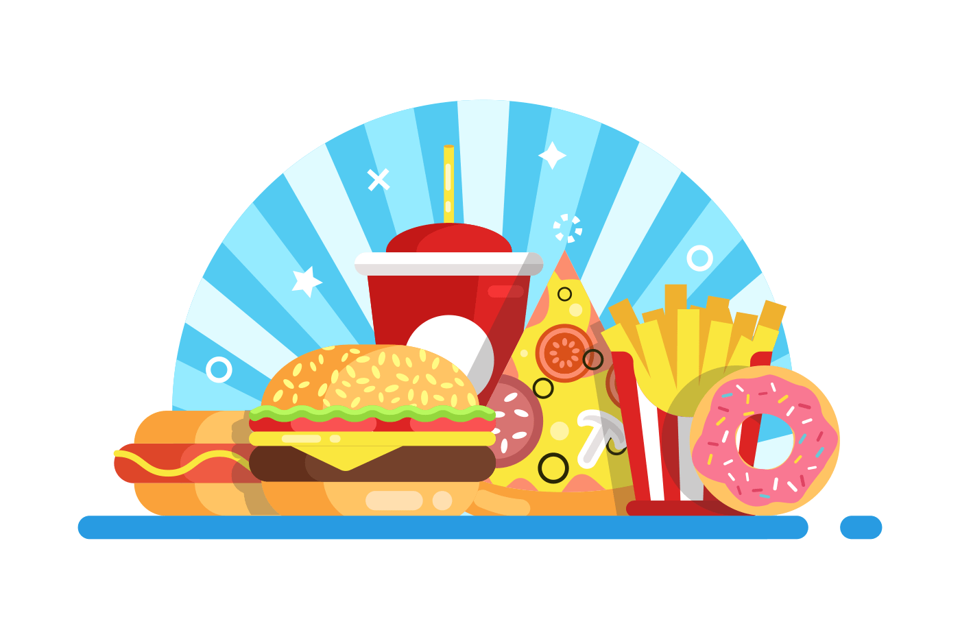 Burger, french fried, pizza, donut and cola. Fast food set composition. Flat style Vector illustration.