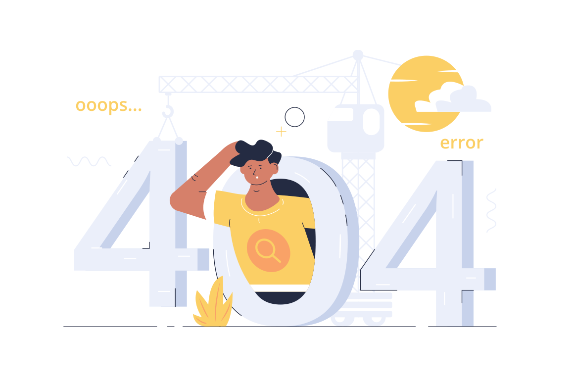 404 ooops error vector illustration. Page not found flat style concept. Template for web site with surprised man and crane hooking numerals. Problem disconnect