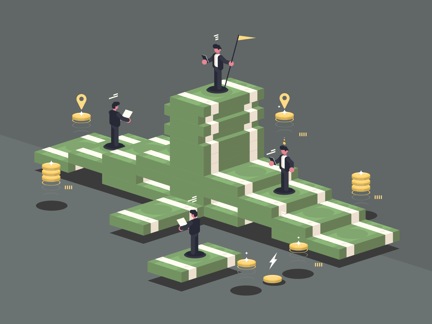 Pile of money. Businessman stands on stack of banknotes. Vector illustration