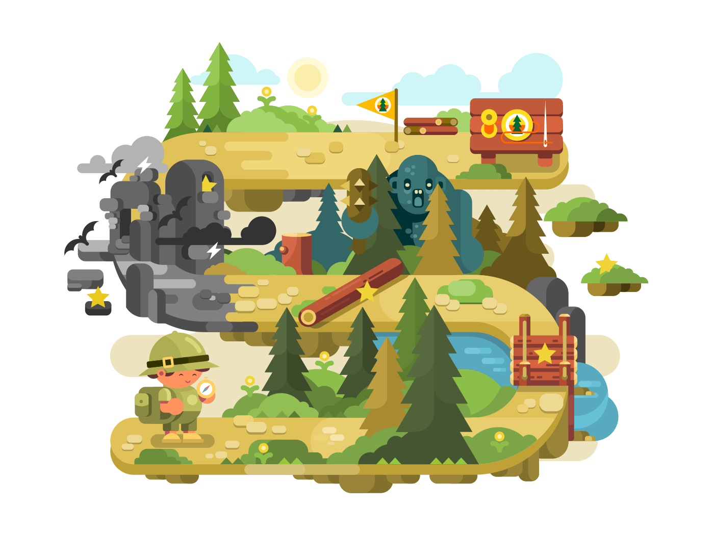 Adventure on a forest trail flat vector illustration