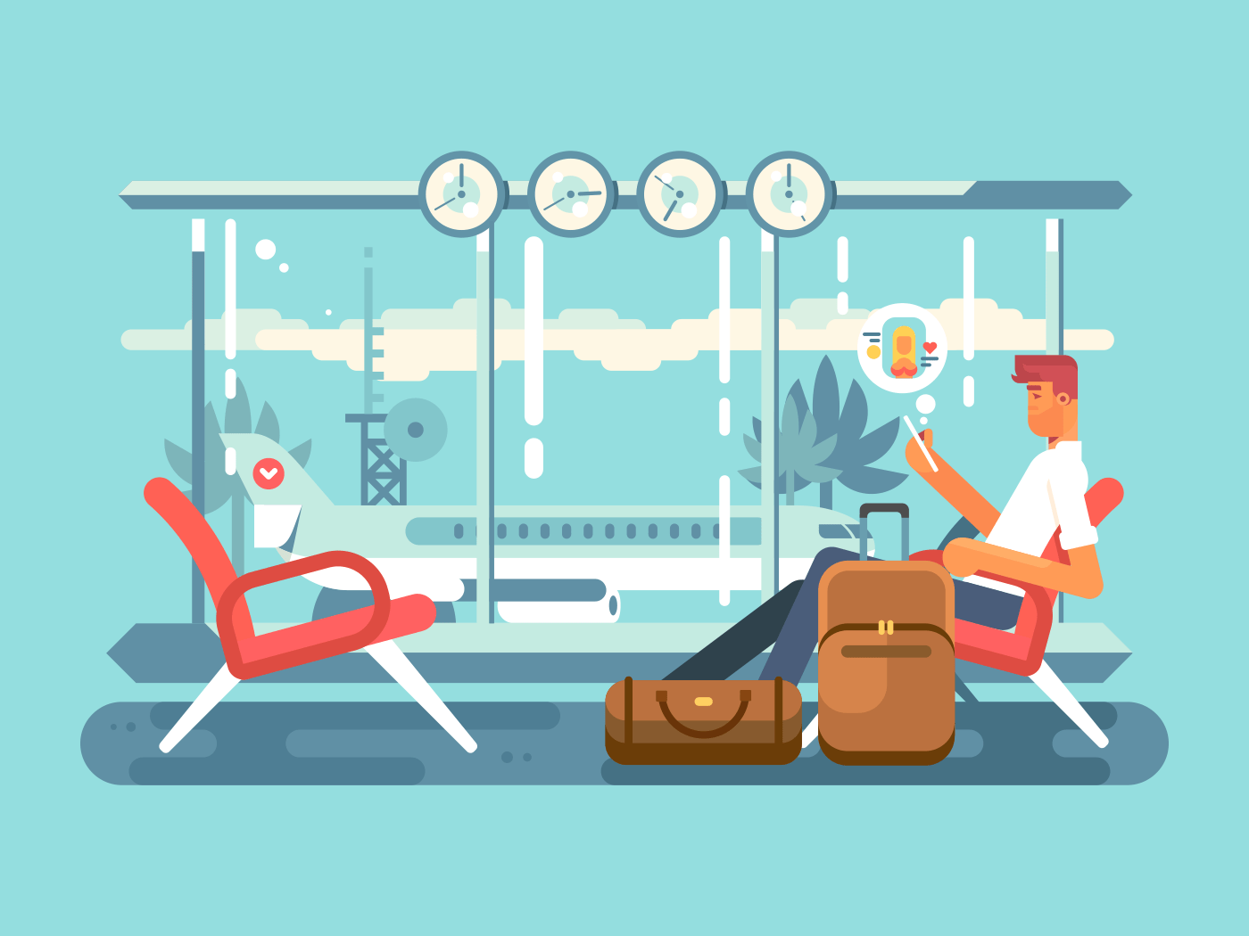 Waiting of departure at airport flat vector illustration