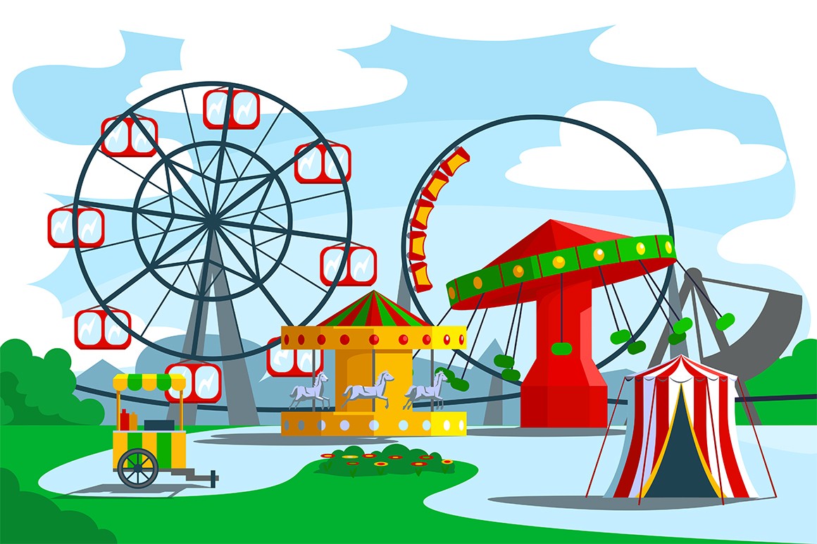 Amusement park territory vector illustration. Ferris wheel, carousel, roller coaster, circus tent and other rides flat style design. Family entertainment concept