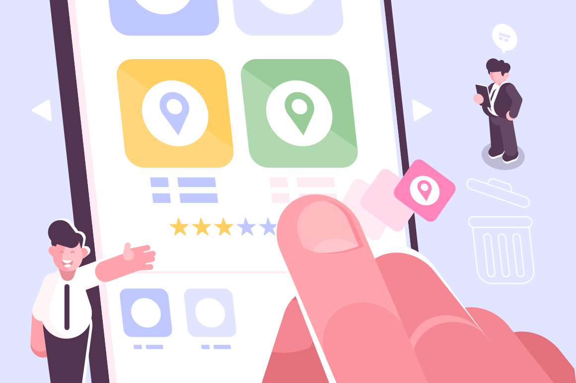 Hand putting star symbol to increase rating of app vector illustration. Modern gadget with open rate application on screen with three stars out of five possible. Feedback concept flat style design