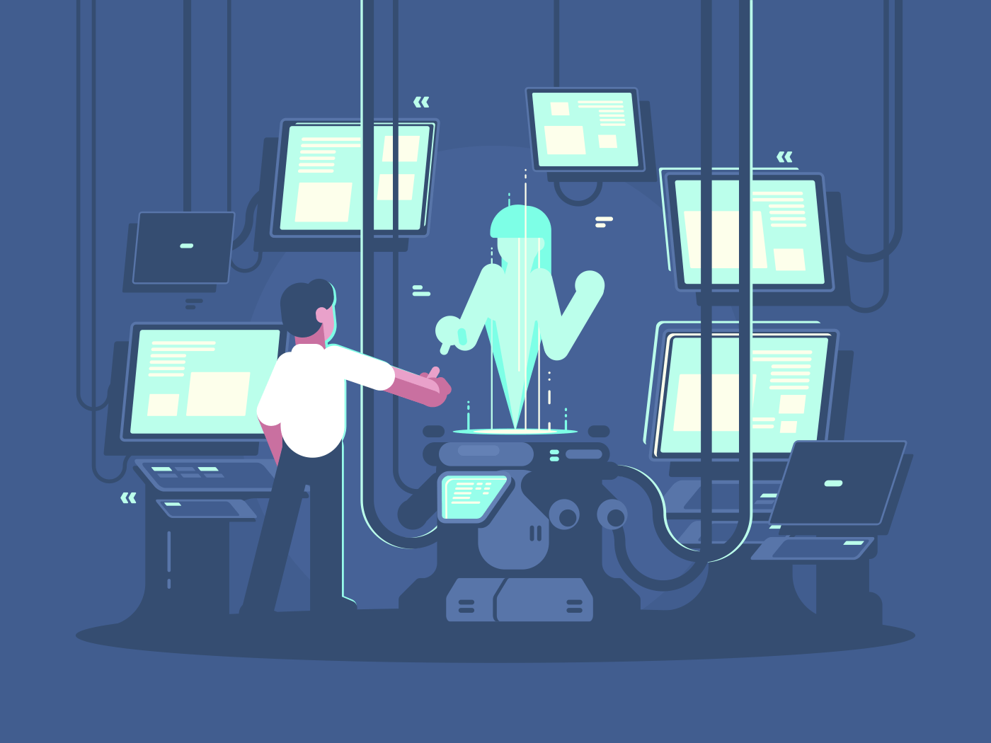 Newest technologies of artificial intelligence. Man communicates with hologram. Vector illustration