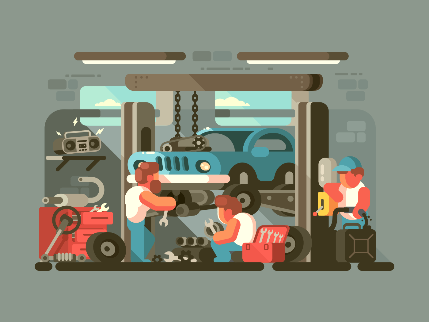 Garage auto service. Mechanics repair car engine. Vector flat illustration