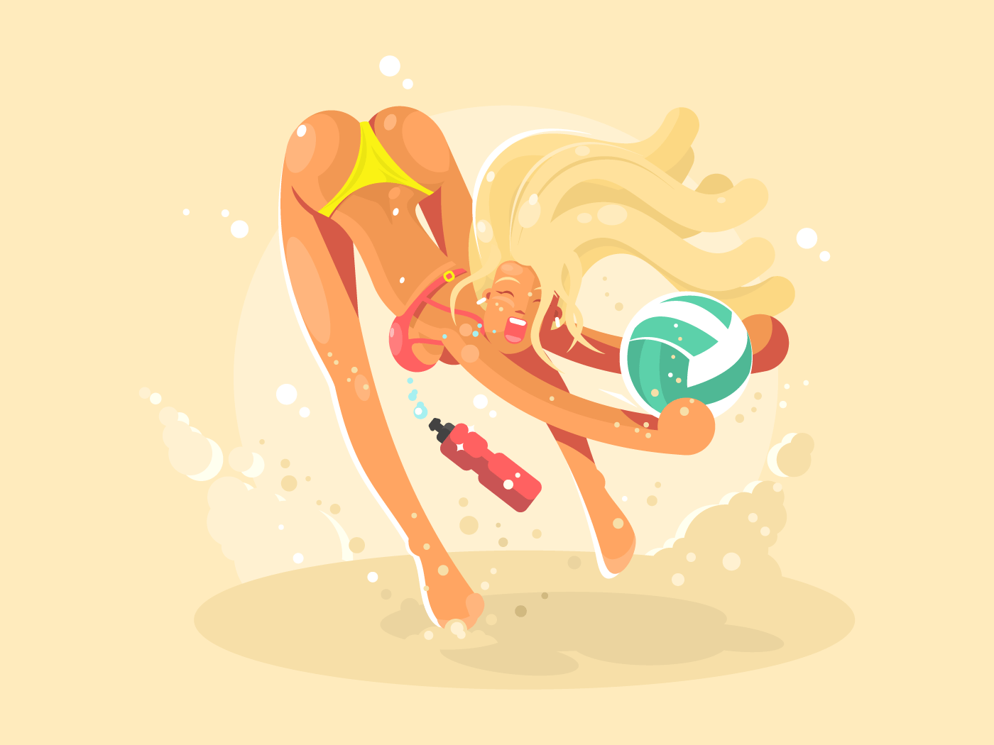 Girl playing beach volleyball flat vector illustration