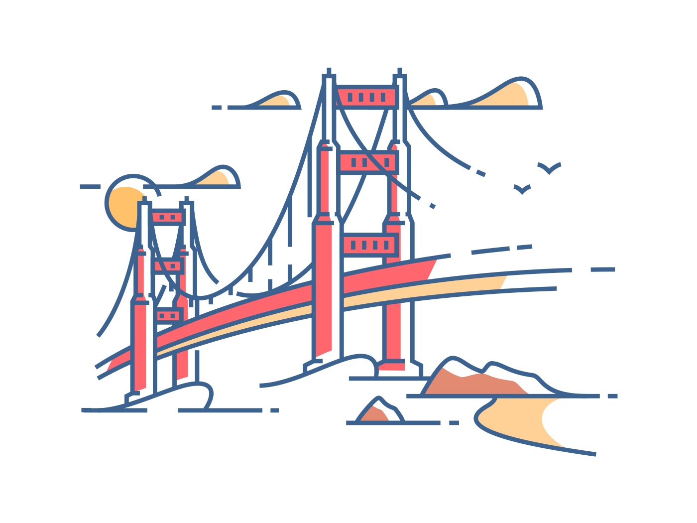 Golden Gate Bridge to San Francisco for crossing bay. Vector illustration