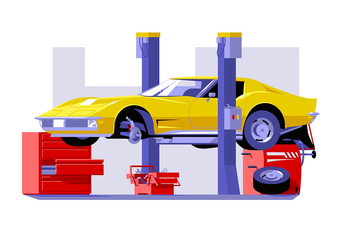 Car checking service vector illustration. Roadside assistance and auto maintenance flat style design. Repair shop interior with mechanics working and fixing cars