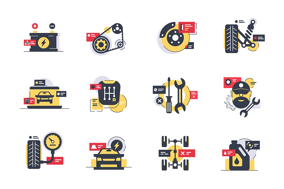Set car service icons with tires, motor, transmission, repair tool.