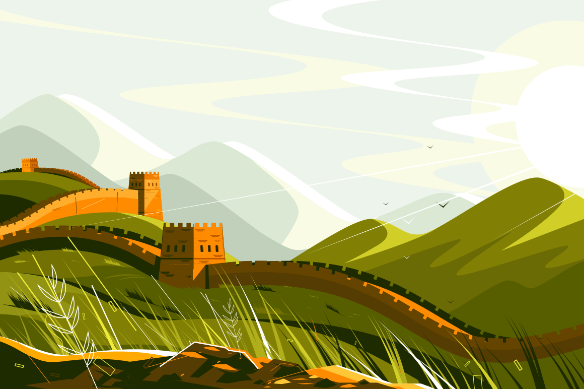 Great Wall of China vector illustration. Chinese famous landmark with watchtowers and wall sections on green mountains for travel and tourism design flat style concept