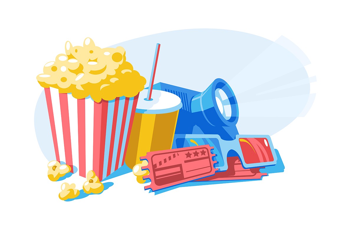 Composition with popcorn, 3d glasses and tickets vector illustration. Cinema template for ad, poster, presentation flat style design. Movie time concept. Isolated on white background
