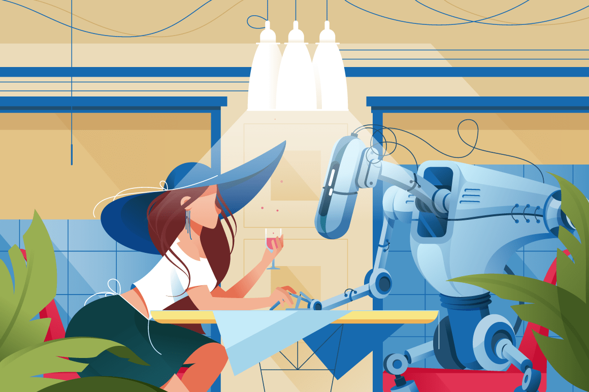 Flat young silhouette woman with hat and glass of wine on date with robot at restaurant.