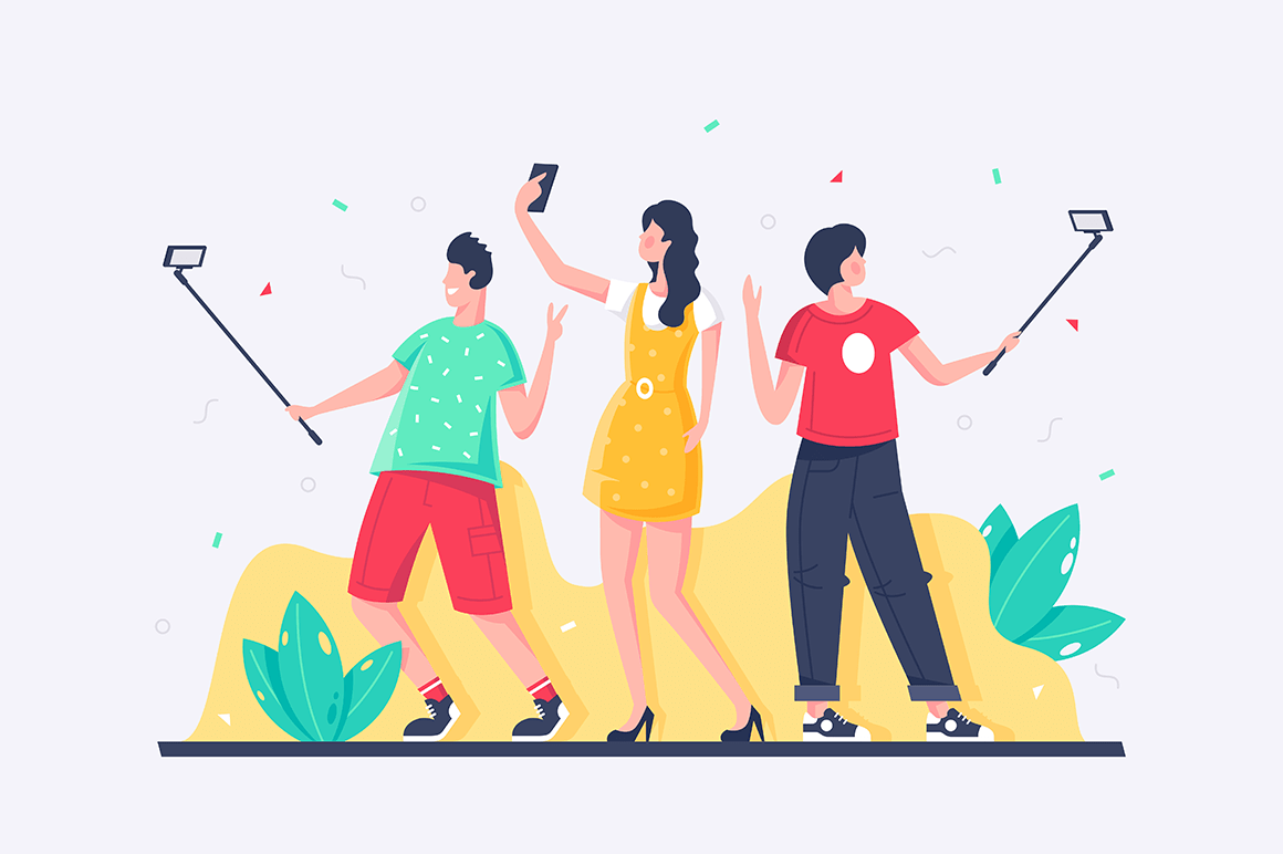 Flat young man, woman, everyone takes selfies with mobile phone.