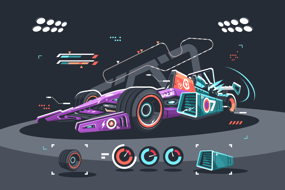 Racing car of F1 vector illustration. Detailed colorful supercar flat style concept. High speed sports vehicles competition. Formula bolide diagnostic in workshop before race