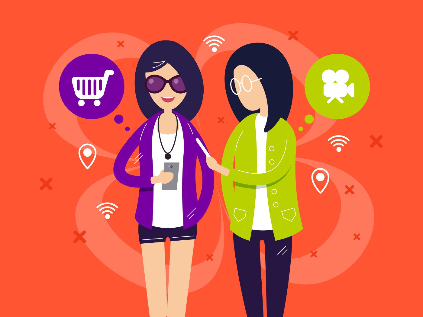 Fashionable girls with smartphones