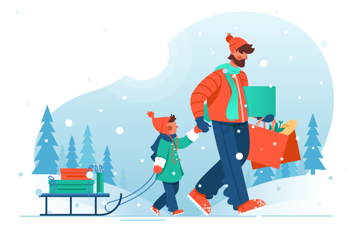 Young man father with beard goes with his son with sleigh with shopping.