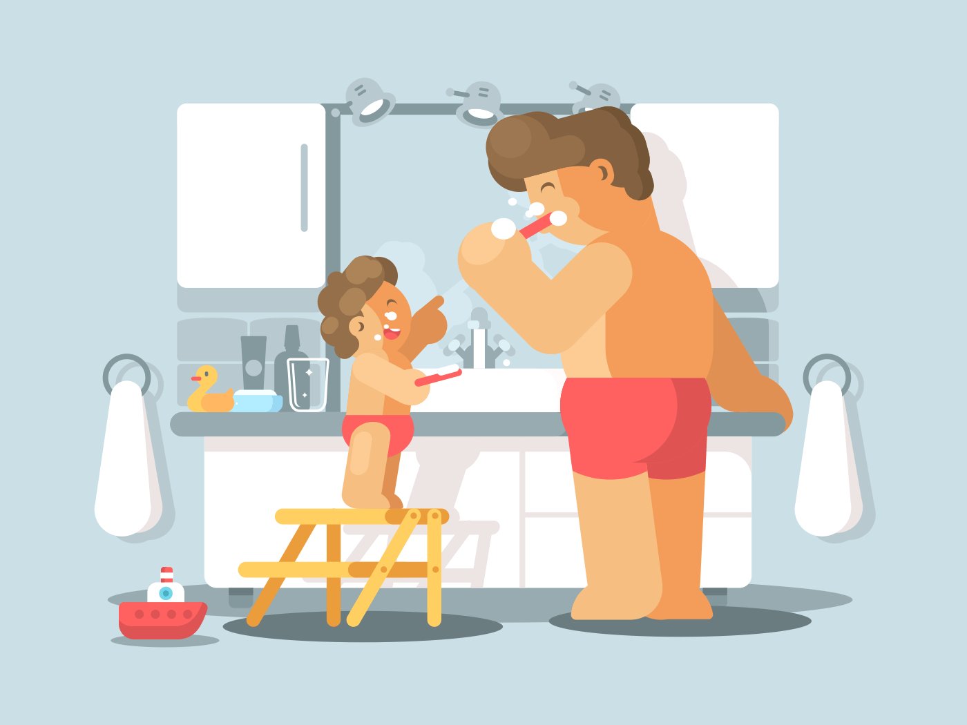 Father and son brush teeth illustration