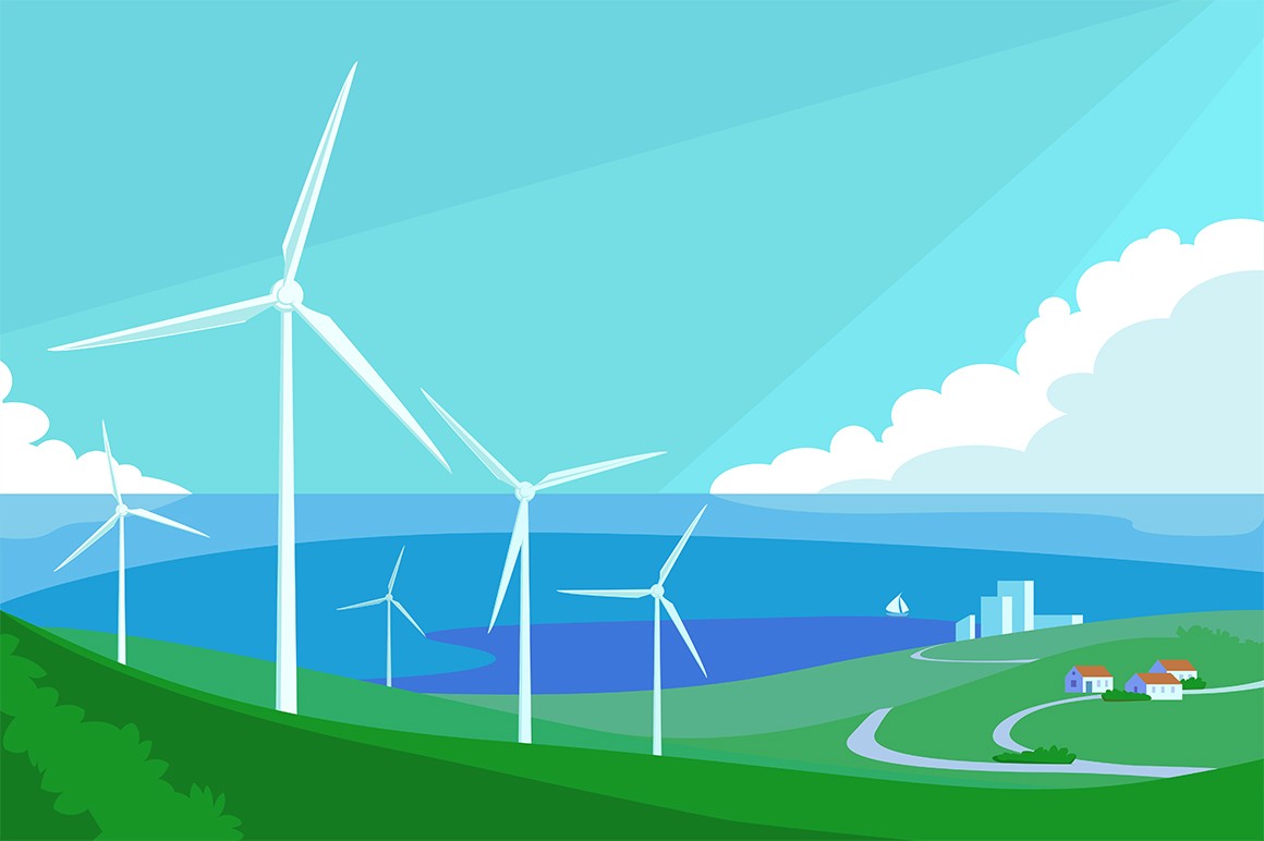 Alternative energy resource with windmills vector illustration. Green fields with generators cartoon design. Large turbine and eco friendly technology concept