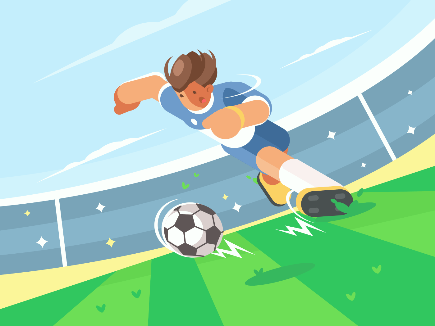 Soccer player running with ball on green field of stadium. Vector illustration