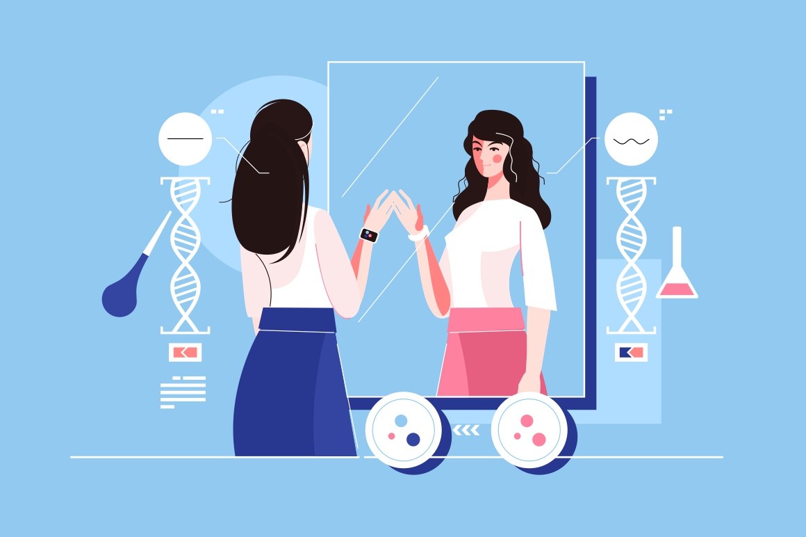 Genetic engineering of hair vector illustration. Genetical deliberate modification of hair structure from wavy to straight flat concept. Girl standing in front of mirror, admiring changes in hairstyle