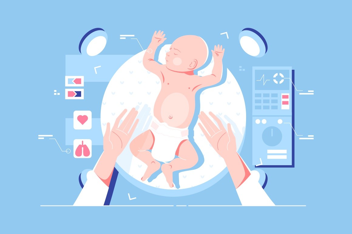 Genetic engineering heredity, lying child vector illustration. Doctors hands near newborn character on bed and icons of lungs and heart. Researching of infant in laboratory