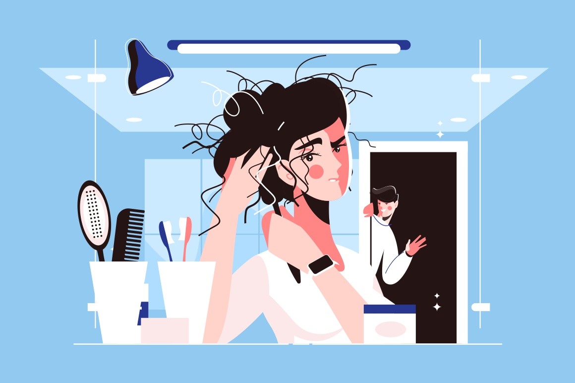 Girl in front of the mirror vector illustration. Woman character. Male peeking out, woman making hairstyle with hair brush