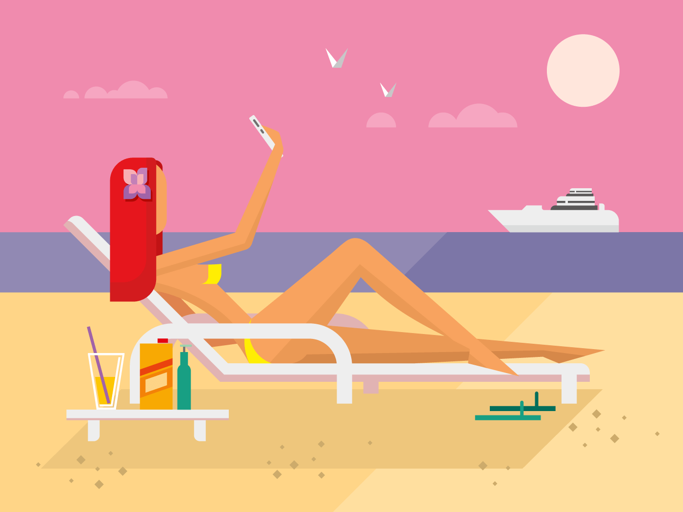 Sunbathing girl on the beach illustration sunset