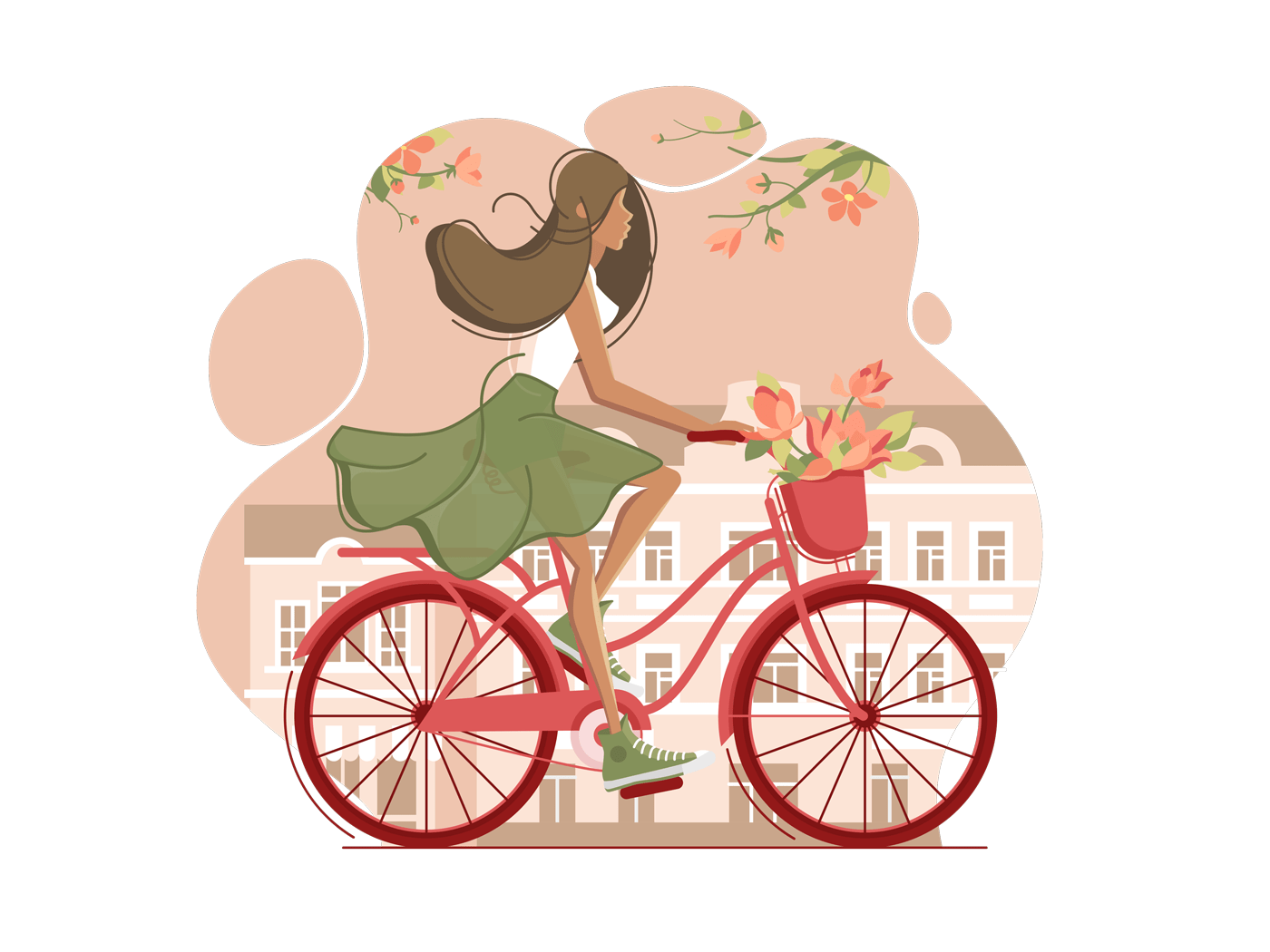 Girl on vintage bicycle with flowers