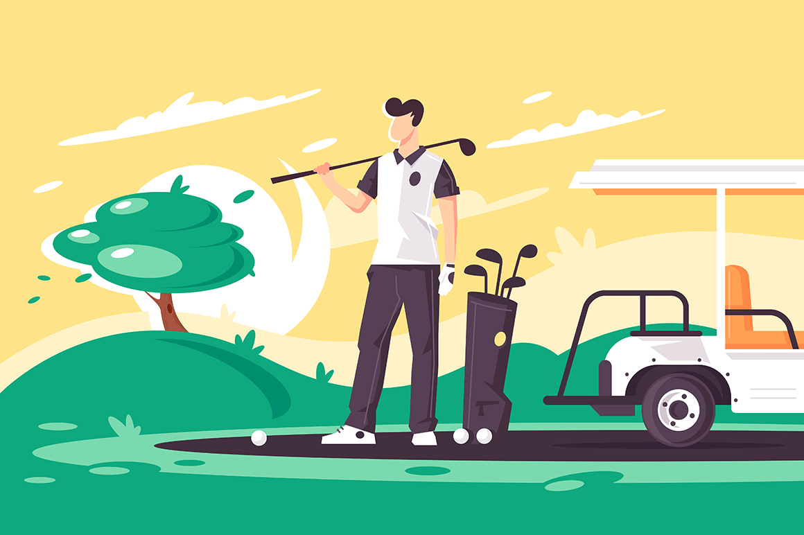 Flat young man with golf club, car on green field.