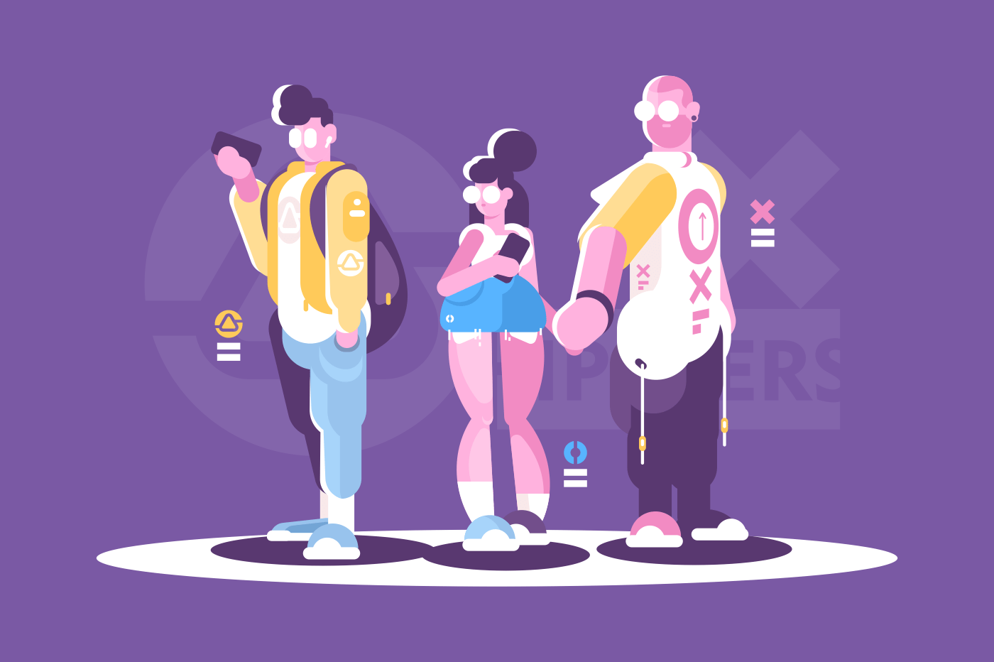 People hipster fashion style standing together. Fashionable men woman dressed in trendy clothes. Flat. Vector illustration.