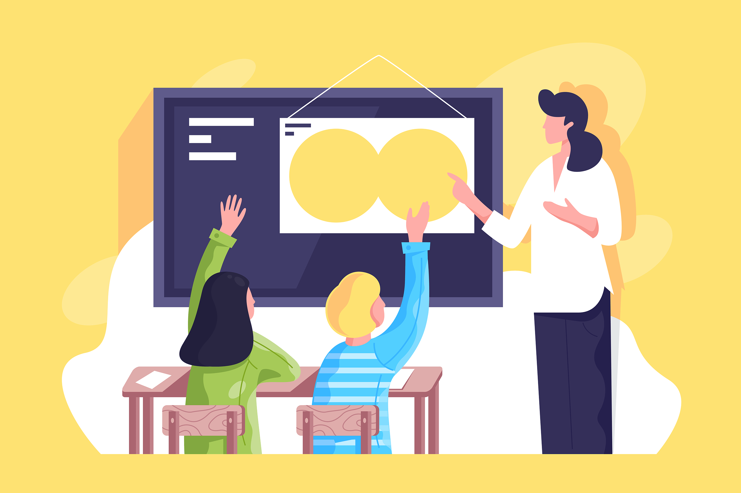Flat classroom with young woman teacher and schoolchildren hand up.