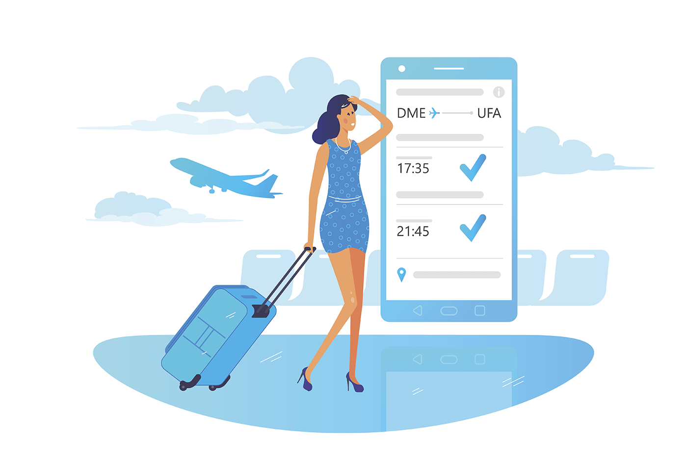 Girl looks at flight information on smartphone