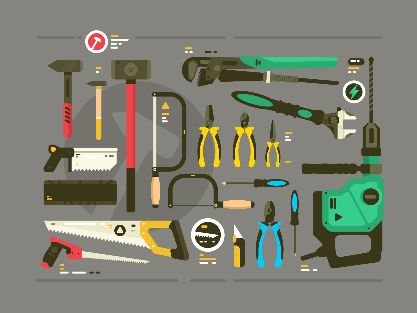 Set of tools for construction and repair. Saw and hammer, screwdriver and pliers. Vector illustration