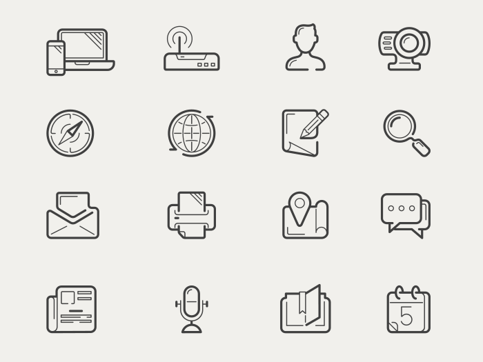 Internet communication and social media line vector icons