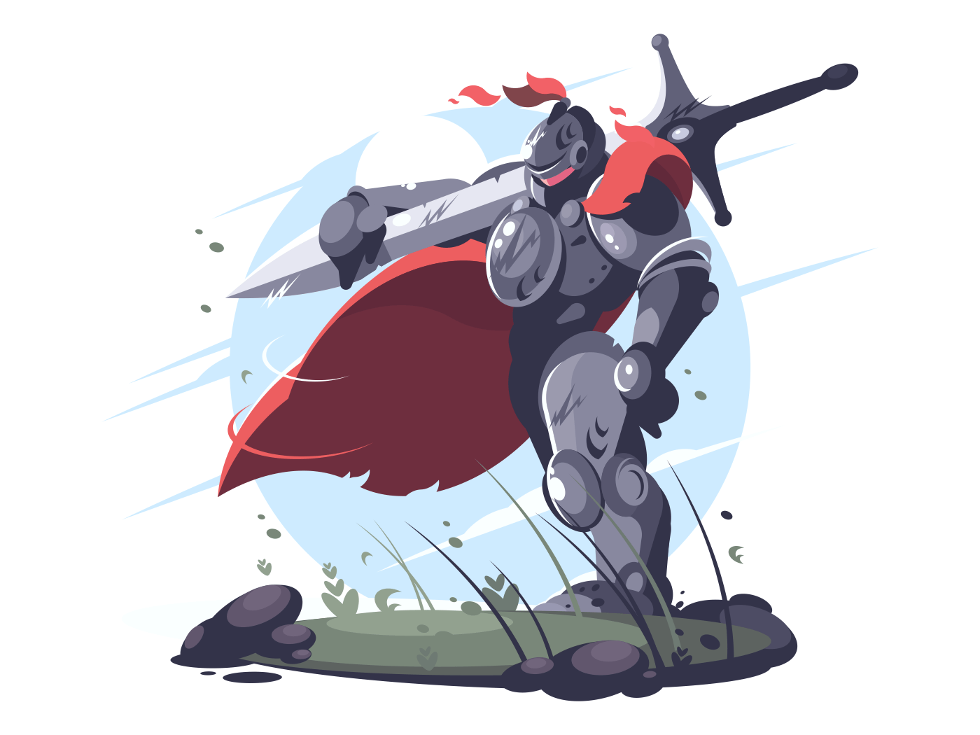 Medieval knight in metal armor and helmet with sword on battlefield. Vector illustration