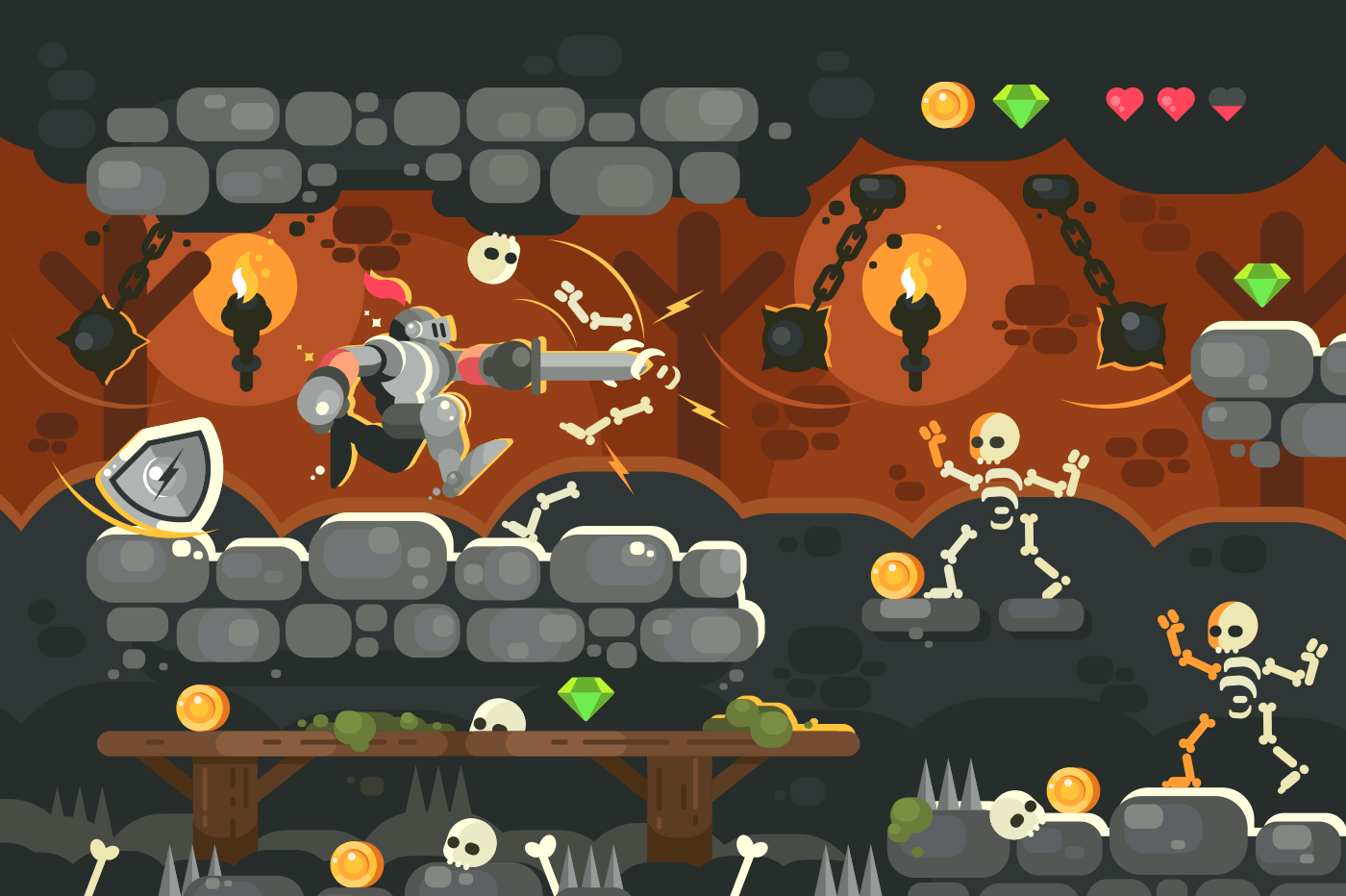 Knight in armor with sword in dungeon. Game interface with skeleton in castle. Vector illustration