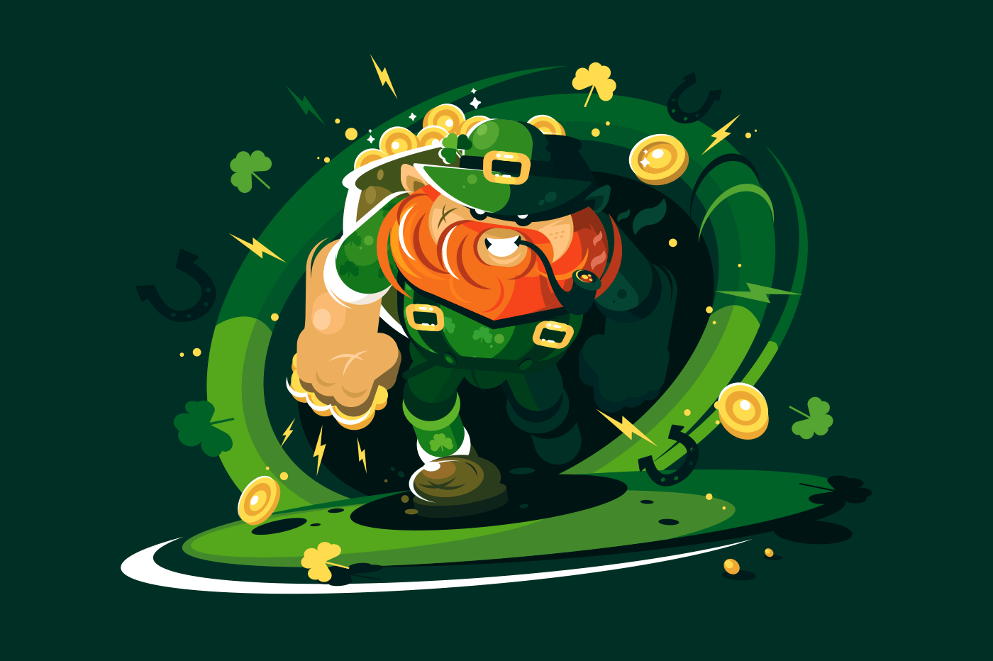 Angry leprechaun with gold. Fairy-tale character gnome in green clothes. Vector illustration