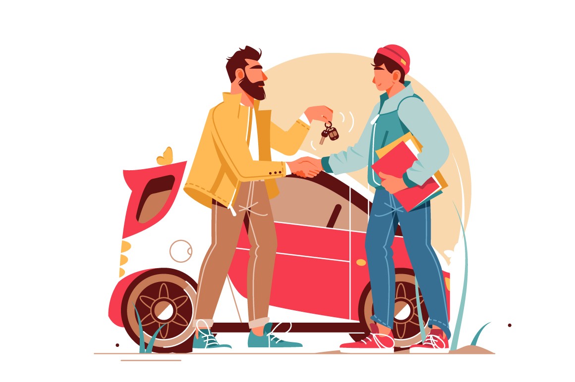 Man giving keys to young man making car deal vector illustration.