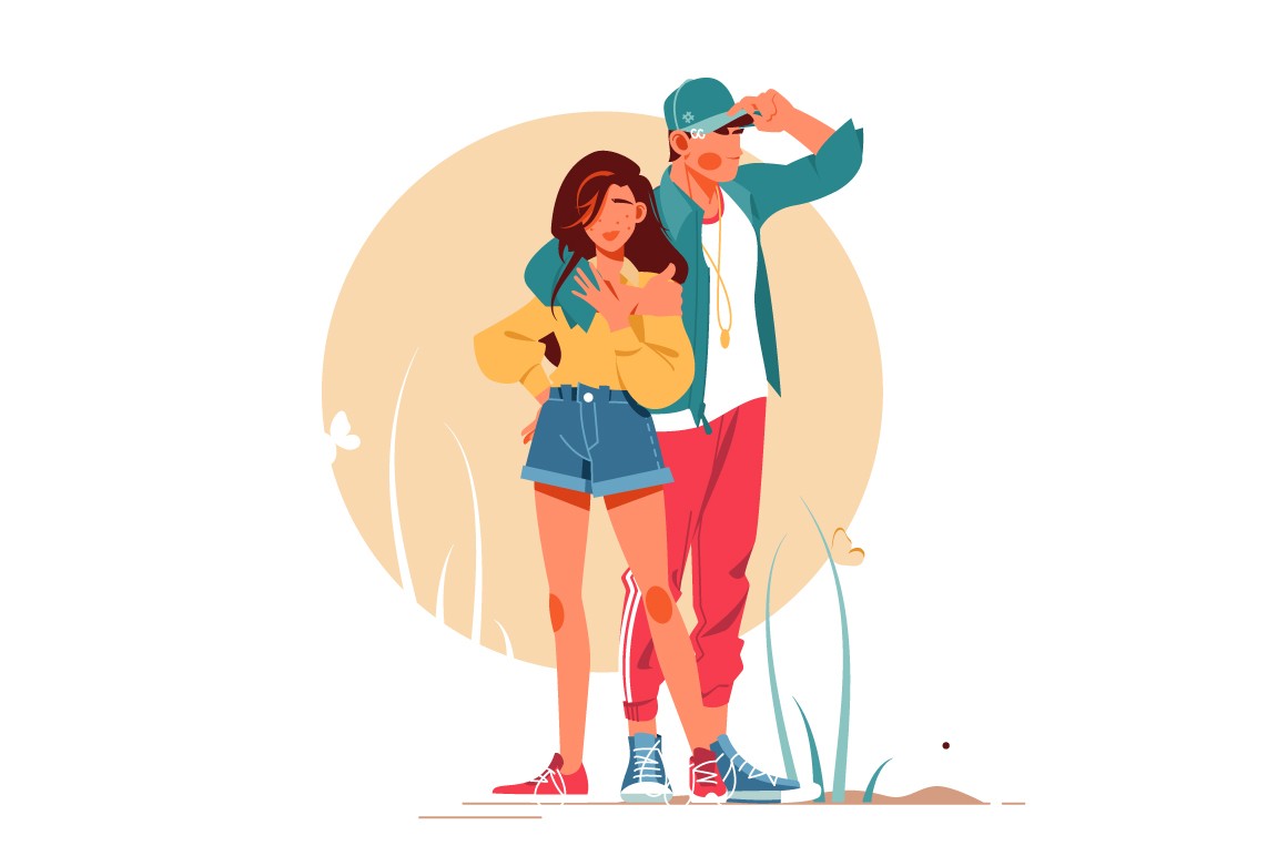 Girl and boy posing in stylish outfits vector illustration vector illustration.