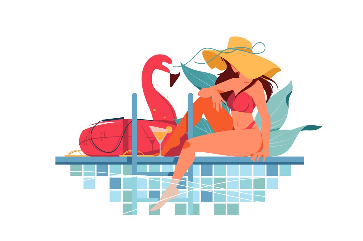 Woman with hat near pool drinking fresh vector illustration