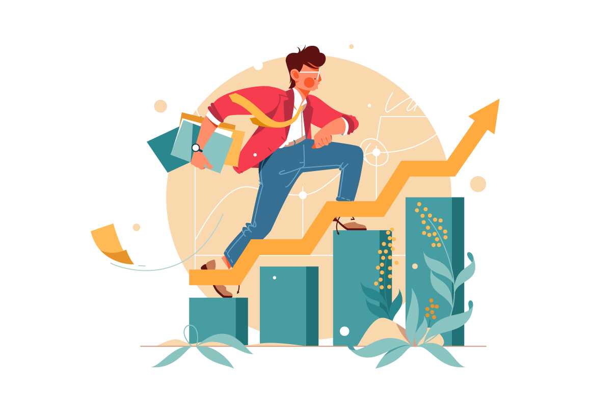 Man hurry on an up consisting finance graph vector illustration