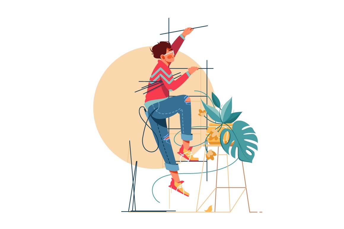 Man climbs upstairs building up the path vector illustration