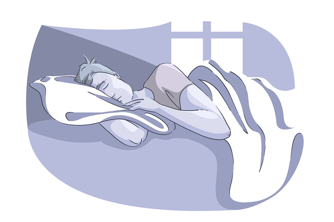 Man sleeping on comfy pillow in morning vector illustration. Tired person resting under warm blanket at home cartoon design. Sweet dreams and bedtime concept
