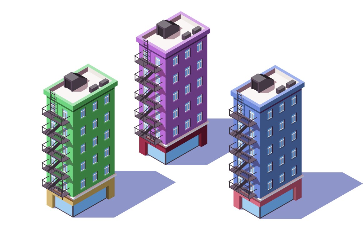3d isometric mid-rise house with mini market on first floor.