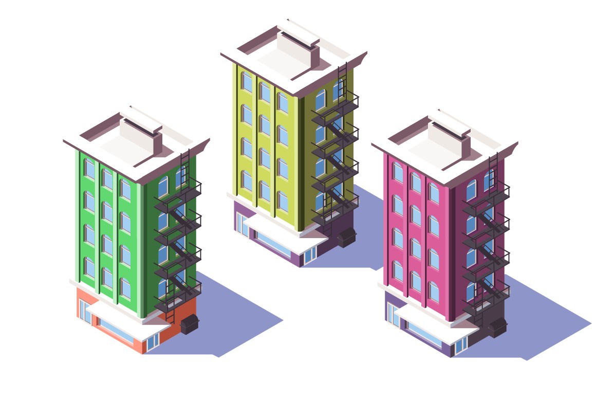 3d isometric mid-rise house with mini market on first floor.