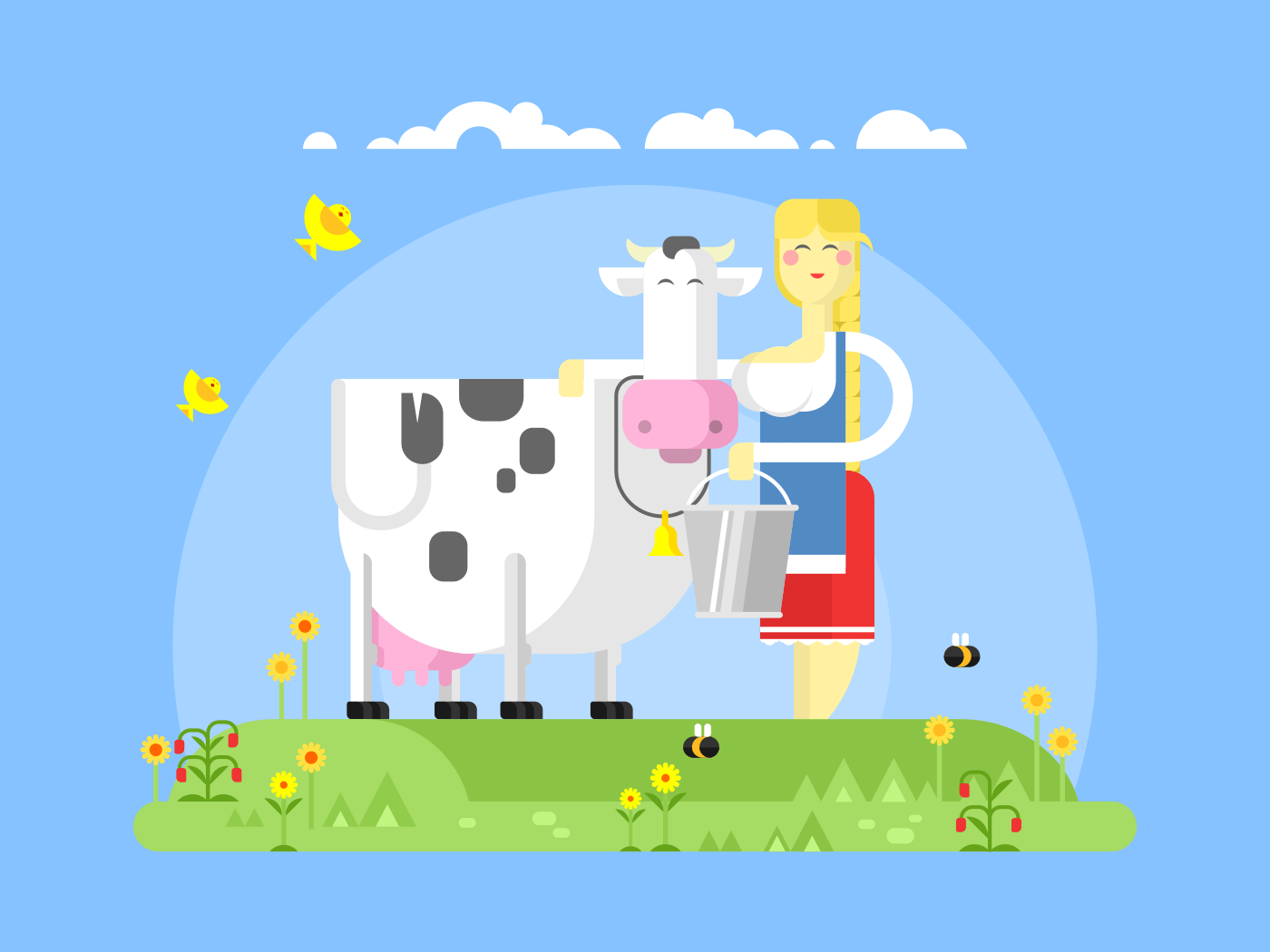 Cartoon character cow and milkmaid flat vector illustration